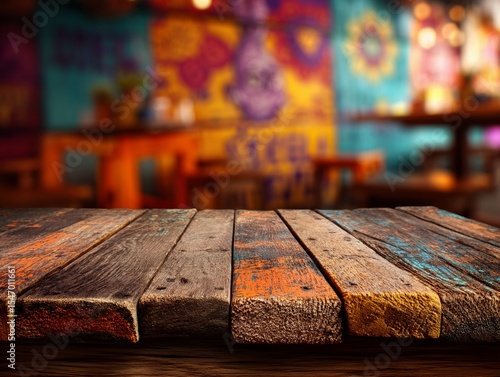 Hispanic heritage month. Wooden table top on blurred mexican colorfull background