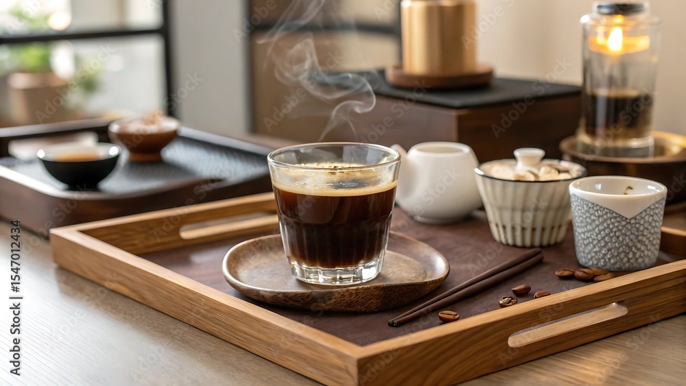Americano specialty concept A serene coffee setup with a glass of brew, traditional teacups, and elegant serving trays. Americano specialty concept A serene coffee setup with a glass of brew, traditional teacups, and elegant serving trays.