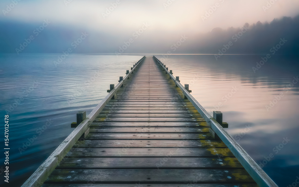 Obraz premium A breathtaking view of a wooden pier stretching into a serene, fog-covered lake during the early morning hours. The soft mist blurs the distant treeline while the calm water reflects the gentle pastel