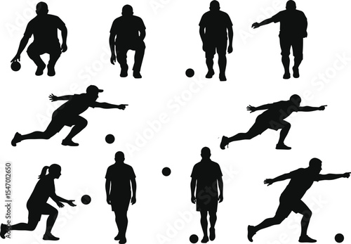 Bocce ball silhouettes, outdoor sports activity, competitive team play, dynamic motion pose, casual fitness game, group interaction, fun recreation, black vector illustration, strategy sport