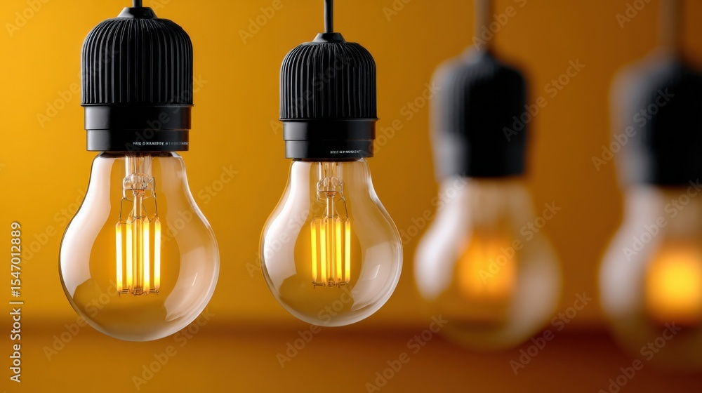 Close-up of modern incandescent hanging lightbulbs with glowing filament against vibrant yellow background for ambient interior lighting decor Close-up of modern incandescent hanging lightbulbs with glowing filament against vibrant yellow background for ambient interior lighting decor