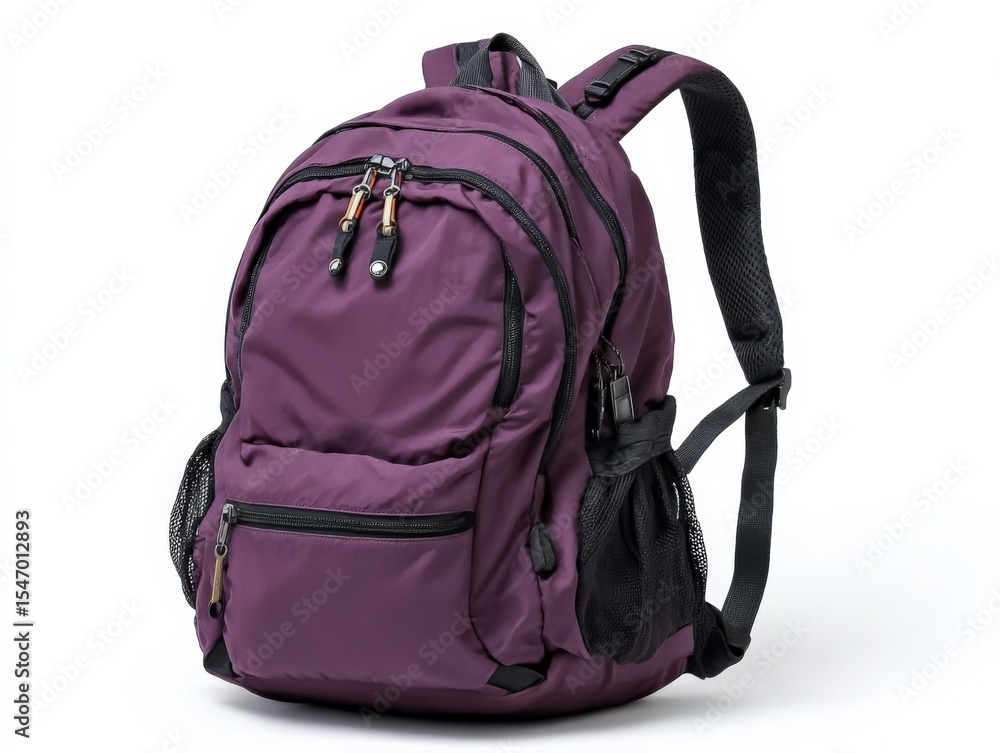 Naklejka premium Stylish purple eco-friendly backpack with multiple compartments adjustable straps durable fabric for travel hiking or school use
