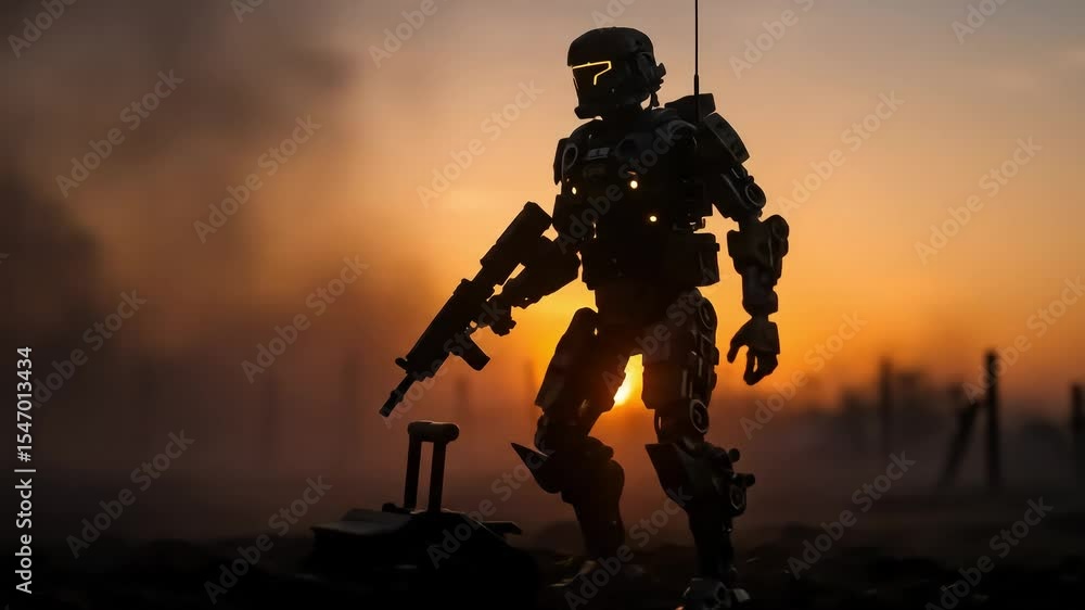 Robot Soldier in Smoky Battlefield Sunset Robot Soldier in Smoky Battlefield Sunset