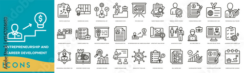 Entrepreneurship and Career Development icon set. Startup Launch Plan, Business Idea Canvas, Entrepreneur Skill Set, Career Growth Path, Pitch Deck Slide and Market Research Report