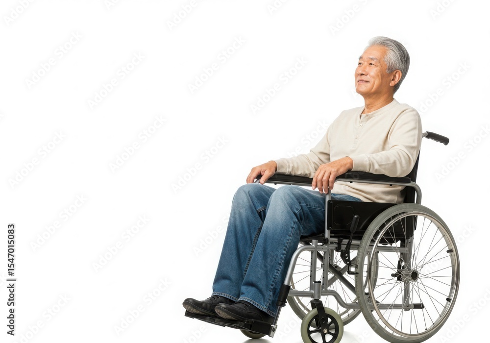 Obraz premium Man sitting in wheelchair looking upward isolated on white background