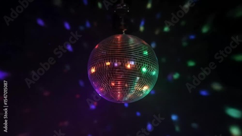 Rotating Disco Ball Close Up Multicolored Lights Shimmering In Dark Space