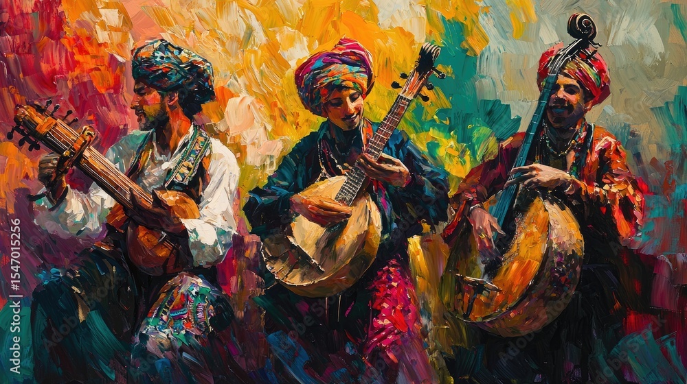 Fototapeta premium Vibrant portrayal of musicians playing stringed instruments.