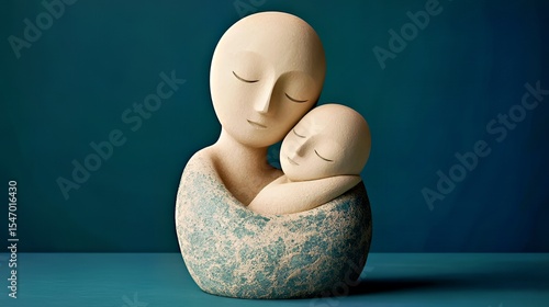 Emotional bond between a mother and child captured in a minimalist sculpture.
