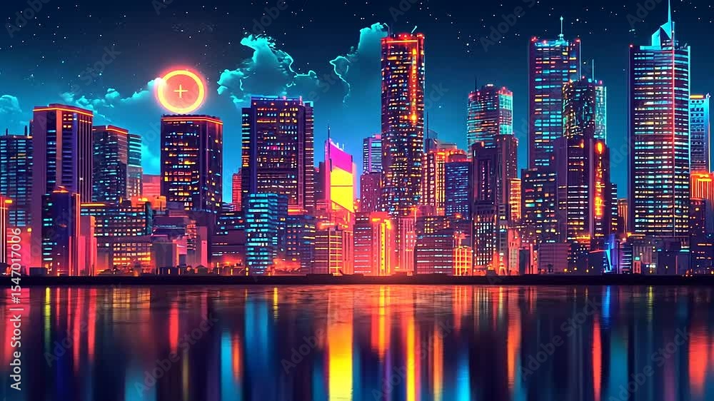 Vibrant city skyline at night with glowing buildings, reflections on water, and a bright moon Vibrant city skyline at night with glowing buildings, reflections on water, and a bright moon