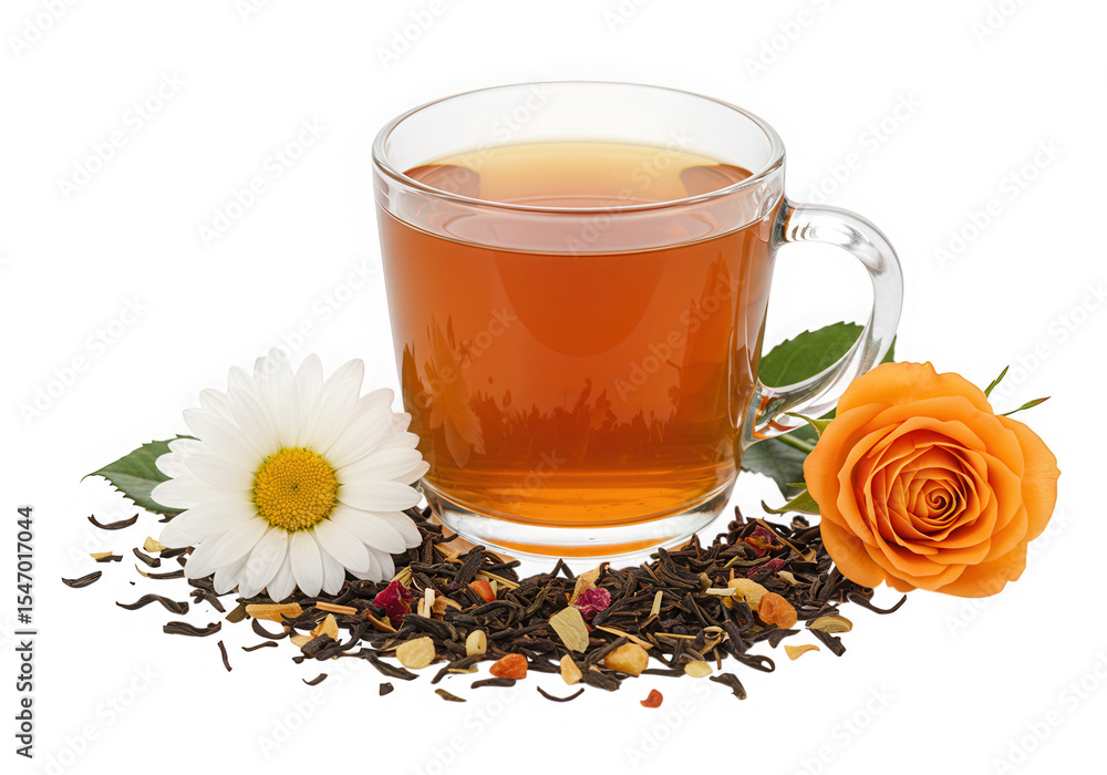Fototapeta premium Cup of herbal tea with flowers isolated on transparent background