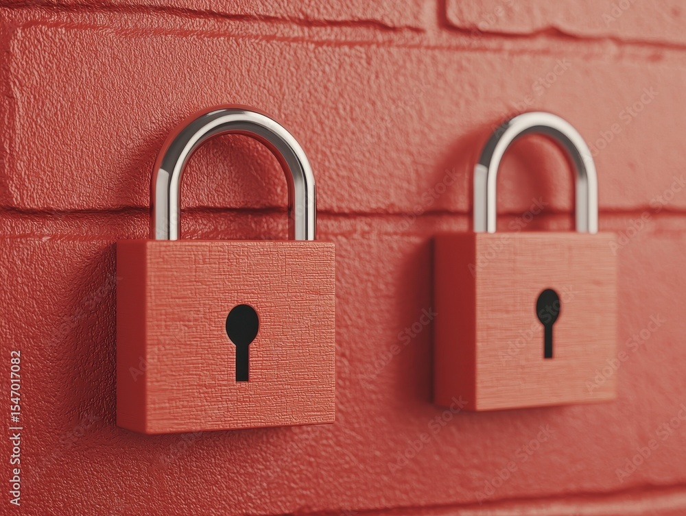Fototapeta premium integrity access lock encryption verification concept. Two padlocks on a textured red wall surface.