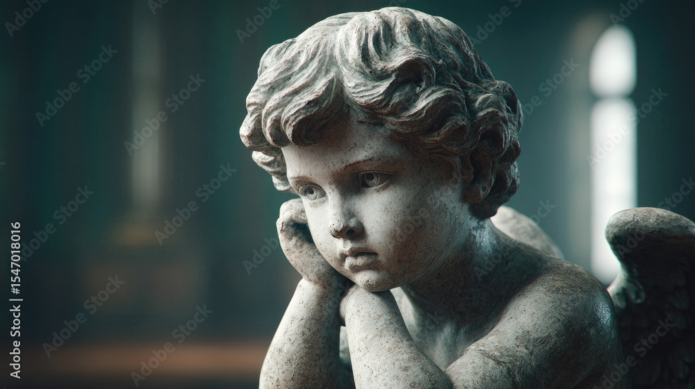 Fototapeta premium Emotional cherub sculpture historical museum art piece dimly lit environment close-up view symbol of innocence and reflection