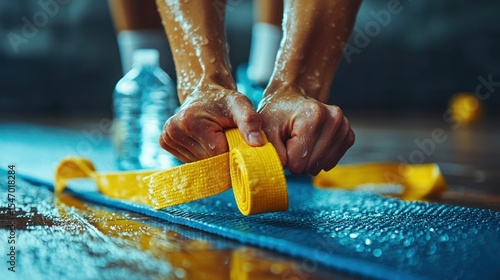 Close-up of sweaty athlete preparing with yellow resistance band on a gym mat