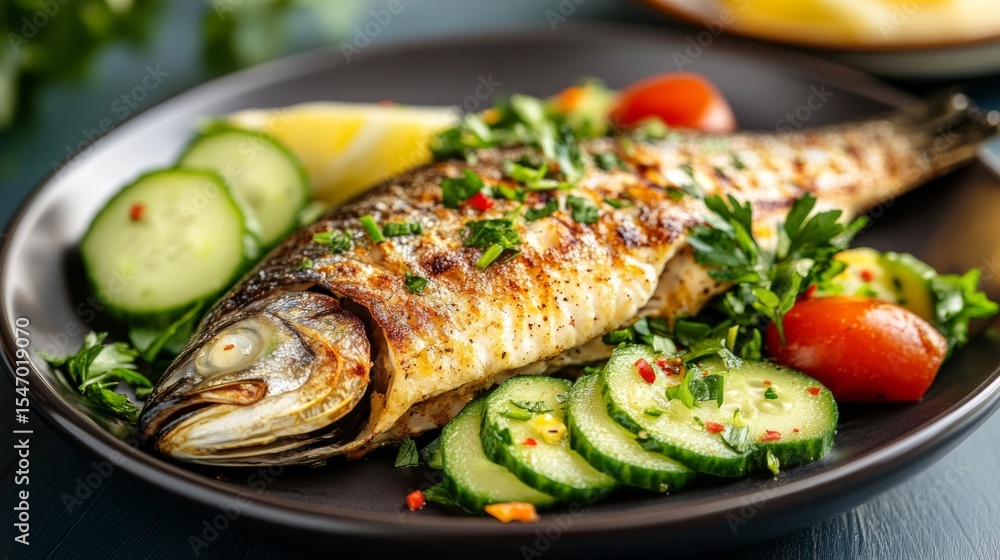Roasted fish with avocado salad and cucumber slices, vibrant and balanced dish generative ai Roasted fish with avocado salad and cucumber slices, vibrant and balanced dish generative ai