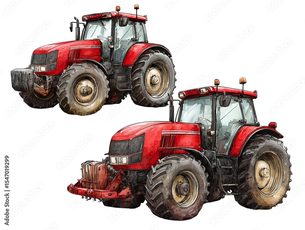 Obraz premium Detailed Illustration of Two Red Tractors on Transparent Background, PNG