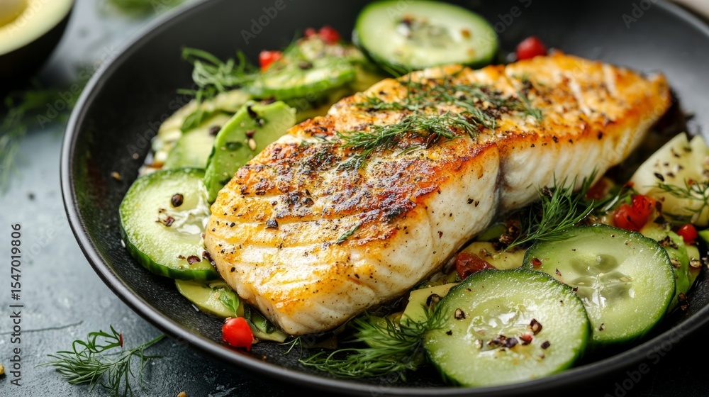 Roasted fish with avocado salad and cucumber slices, vibrant and balanced dish generative ai Roasted fish with avocado salad and cucumber slices, vibrant and balanced dish generative ai