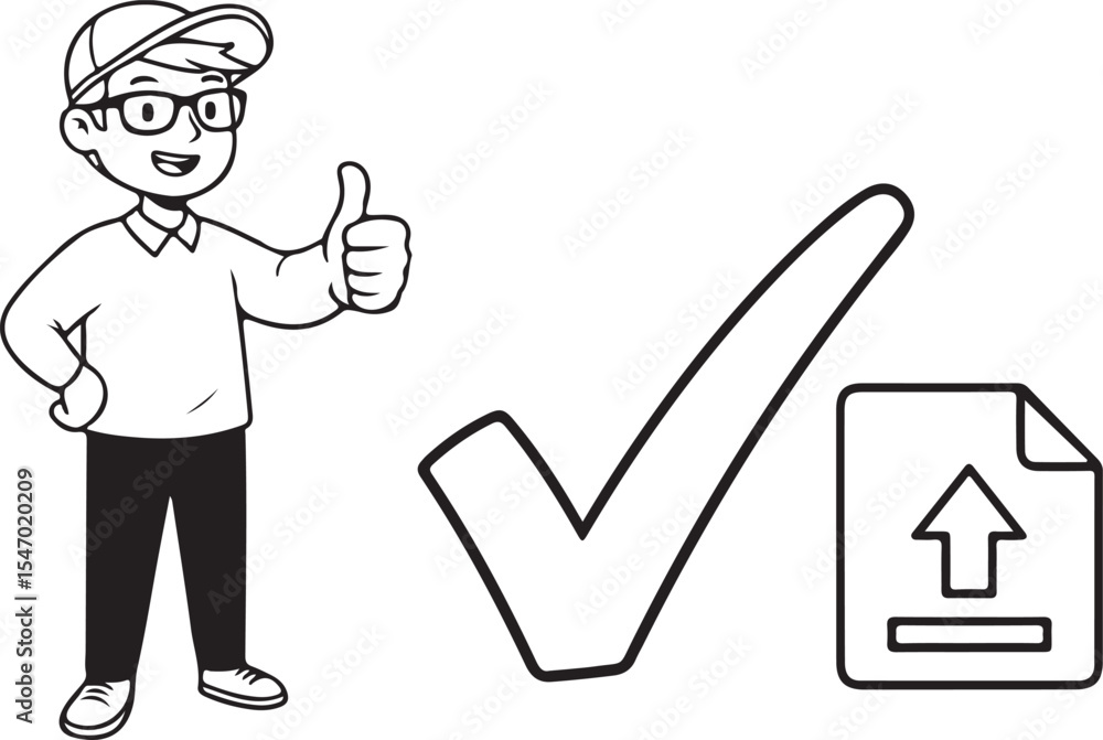 Clean cartoon sketch of a person giving a thumbs up next to a big checkmark and uploaded file icon, simple modern style, no background Clean cartoon sketch of a person giving a thumbs up next to a big checkmark and uploaded file icon, simple modern style, no background