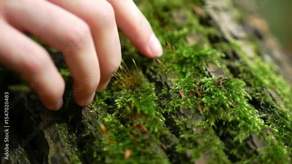 Gentle Touch: Hand Exploring Green Moss on Tree Bark in Natural Environment Gentle Touch: Hand Exploring Green Moss on Tree Bark in Natural Environment