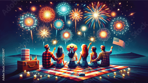 Independence Day, A group of friends sitting on a picnic blanket, watching a stunning firework