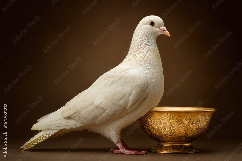 Obraz premium Elegant white dove perched next to ornate golden bowl captured in artistic studio setting showcasing serenity and beauty in detail
