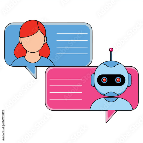 Cute smiling AI chatbot communicating with woman on messenger app screen. Vector flat cartoon character illustration isolated on white, perfect for chat service and robot concept designs.