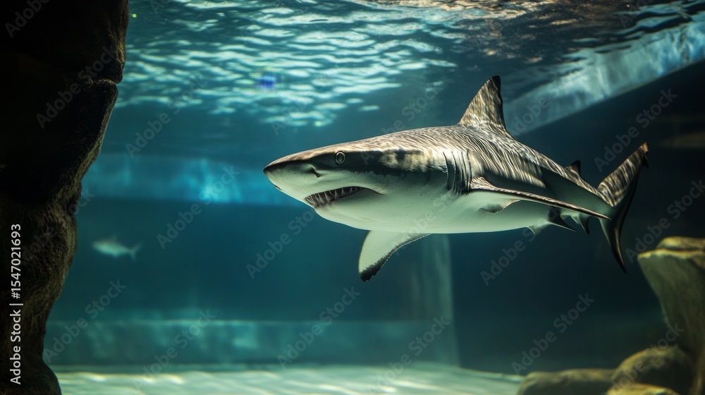 Fototapeta premium Shark in a pristine tank with no water flow, symbolism of no progress or evolution generative ai