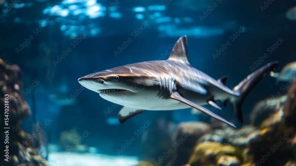 Fototapeta premium Shark in a pristine tank with no water flow, symbolism of no progress or evolution generative ai