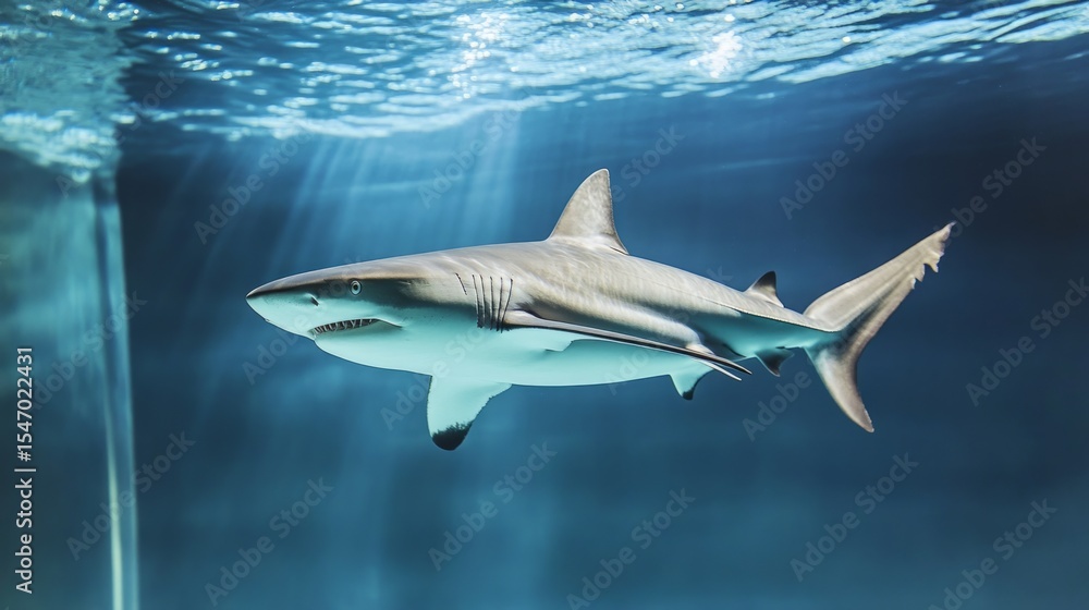 Fototapeta premium Shark swimming calmly but aimlessly inside a sterile tank, artistic metaphor for stagnation generative ai