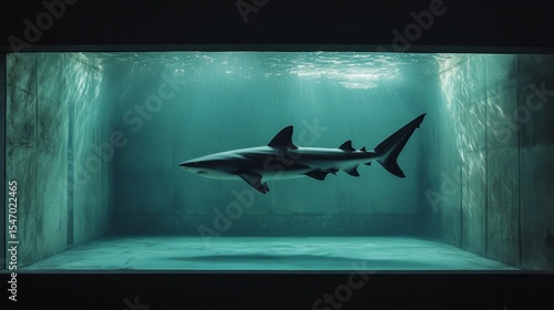 Shark swimming calmly but aimlessly inside a sterile tank, artistic metaphor for stagnation generative ai