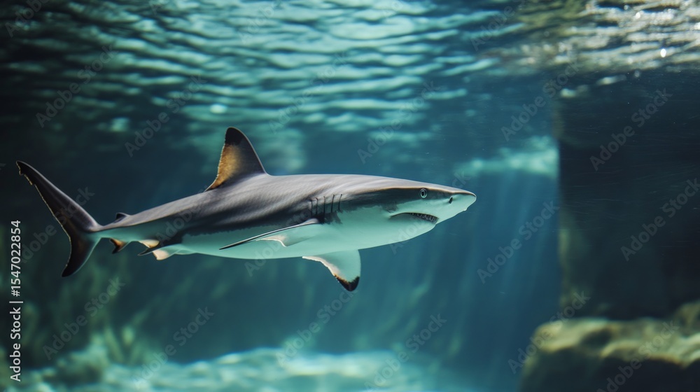 Fototapeta premium Shark swimming calmly but aimlessly inside a sterile tank, artistic metaphor for stagnation generative ai