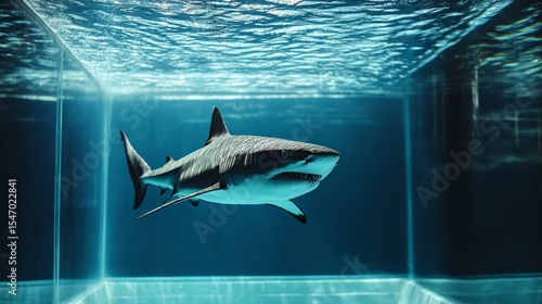 Shark swimming calmly but aimlessly inside a sterile tank, artistic metaphor for stagnation generative ai