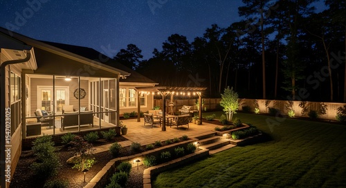 Evening view of a landscaped backyard with a screened-in porch, patio with pergola, and landscape lighting. Trees and a retaining wall are visible.
