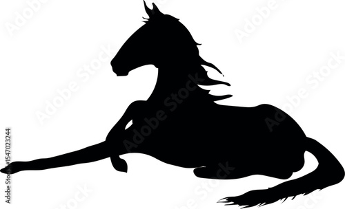 Black silhouette of lying horse flat style, vector illustration isolated on white background. Resting farm animal, decorative design element, graceful pet with tail and mane. Vector illustration