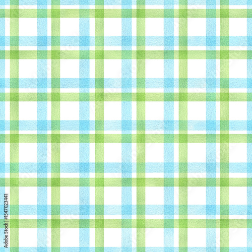 Seamless green and blue checkered pattern background. Classic endless check backdrop. Hand drawn watercolor repeating illustration for textile, wrapping, wallpaper, fabric, paper, cover, decor