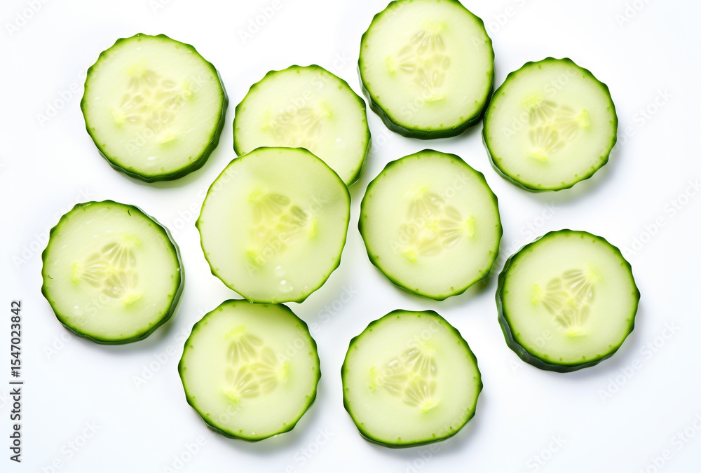 Artistic top-down food image of round cucumber slices neatly placed on a white backdrop, showcasing fresh produce with soft focus edges and crisp centers Artistic top-down food image of round cucumber slices neatly placed on a white backdrop, showcasing fresh produce with soft focus edges and crisp centers