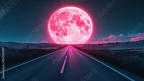 A surreal landscape featuring a vibrant pink moon rising over a deserted road at night