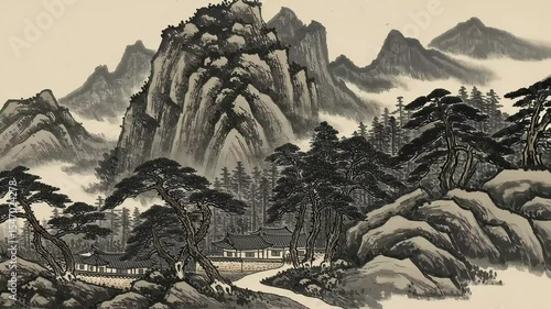 Traditional Korean Ink Painting of Mountains and Hanok Village