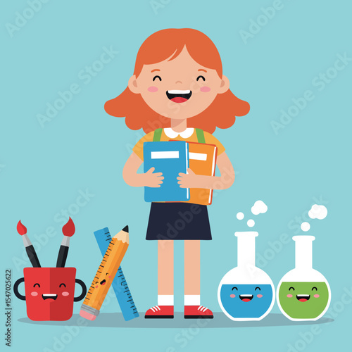 Happy red-haired schoolgirl holding books with smiling stationery and chemistry flasks vector illustration 