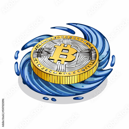 Isometric 3D Cryptocurrency Coin with Digital Transaction Waves Blockchain Technology Illustration