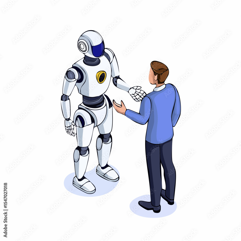 Fototapeta premium Human-Robot Collaboration Isometric 3D Illustration of AI Partnership, Symbolizing Technological Advancement and Future of Work