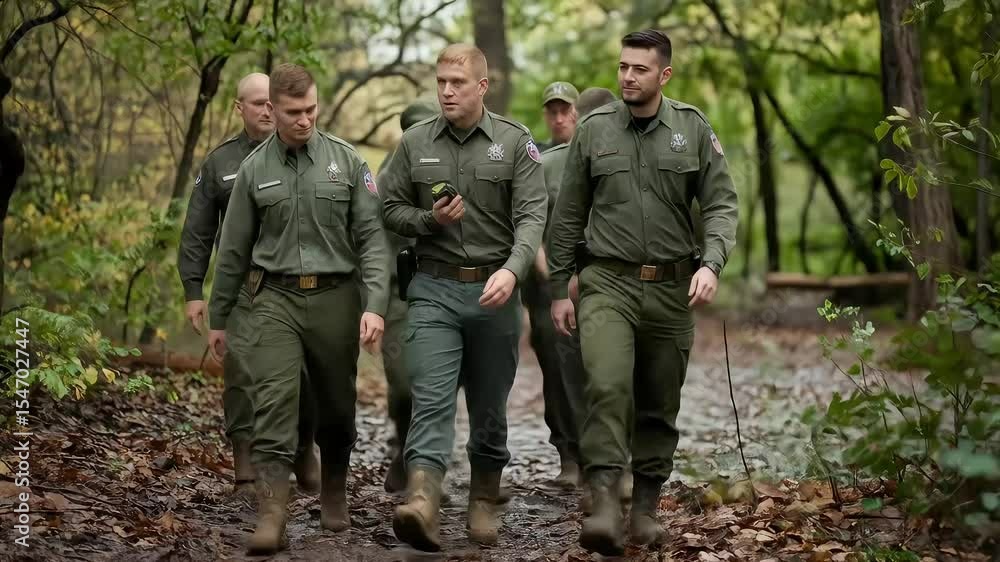 A team of professional forest rangers in green uniforms patrol a wooded trail with serious intent A team of professional forest rangers in green uniforms patrol a wooded trail with serious intent
