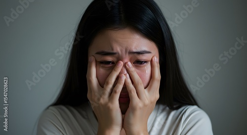 Portrait of stress young woman covering her face with hands and crying