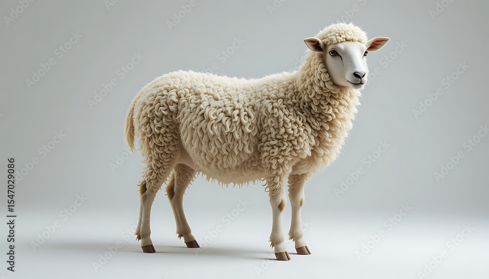 Fototapeta premium Fluffy White Sheep Standing Profile, Soft Light Studio Shot