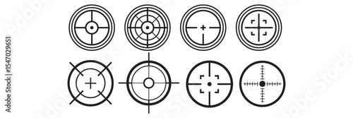 Aim or target cross symbol in circle. Illustration of weapon sign of sniper or sharpshooter. Aiming bullseye in flat design in outline style. Optical game weapon. Aim sight for hunting.