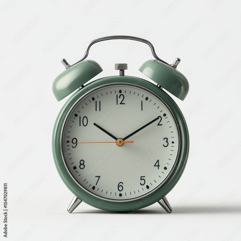 A classic green twin-bell alarm clock with black hour and minute hands, a red second hand, and a clean white background. A classic green twin-bell alarm clock with black hour and minute hands, a red second hand, and a clean white background.