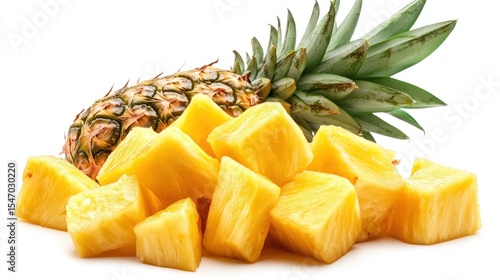 Fresh pineapple chunks on white background