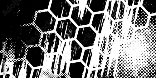Black and white grunge hexagon pattern with distortion for creative editable background.vector eps10.