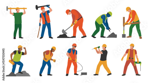 Illustration of Diverse Construction Workers in Various Poses with Tools on Transparent Background
