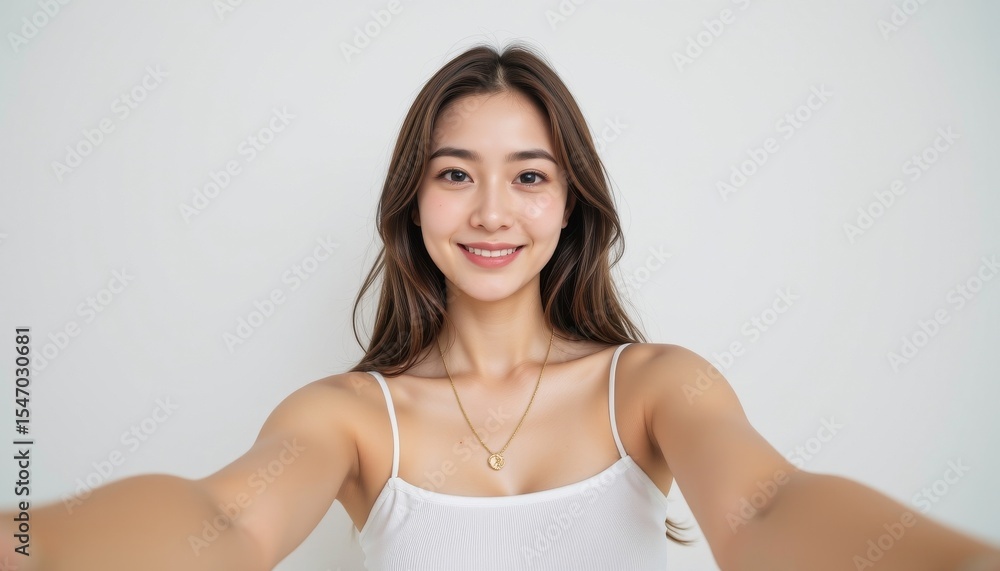 Obraz premium a beautiful young woman in her early 20s, fair skin, taking a selfie with one arm extended toward the camera, her hand and wrist are cropped out of the frame, only her arm is visible reaching forward