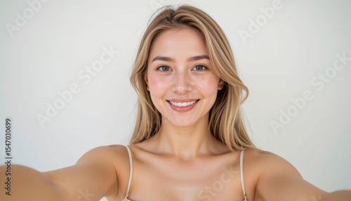 a beautiful young woman in her early 20s, fair skin, taking a selfie with one arm extended toward the camera, her hand and wrist are cropped out of the frame, only her arm is visible reaching forward